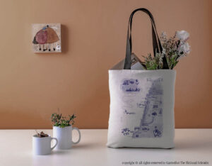 An illustrated event map on tote bags for wedding guests, by Carmelius the Fictional Scientist